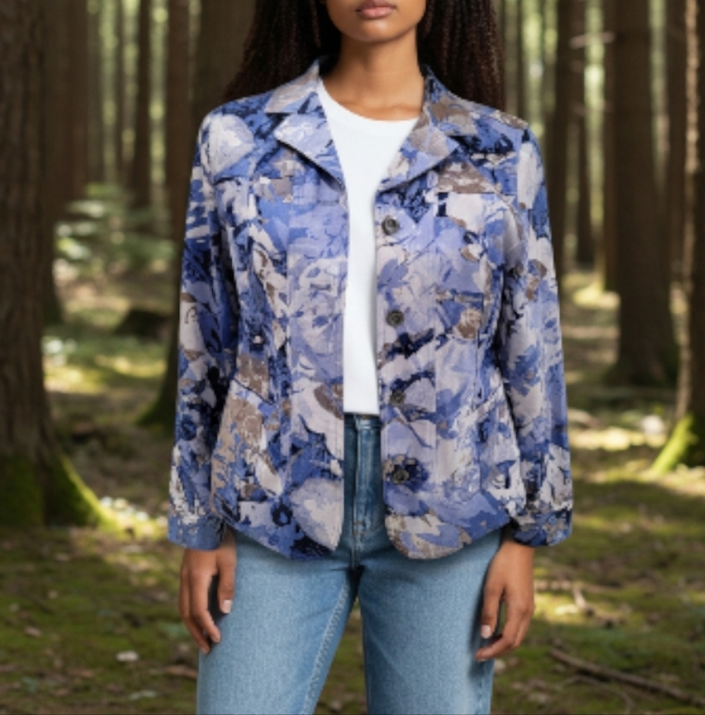 Chico's Blue, White And Brown Abstract Print Blazer